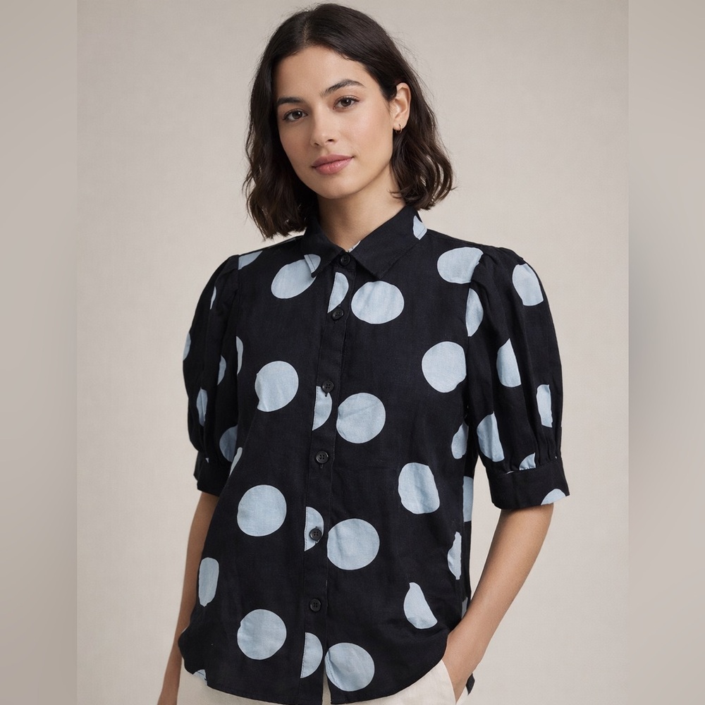 Who What Wear Polka Dot linen/rayon puff sleeve shirt size medium